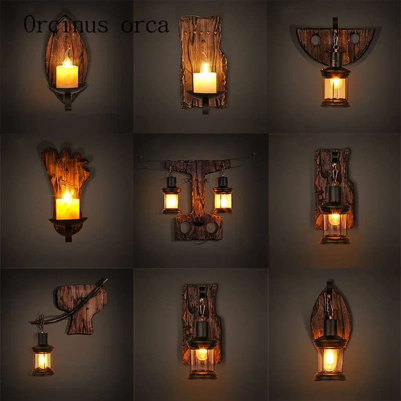 American retro corridor coffee restaurant network bedside  candlestick glass solid wood decorative wall lamp