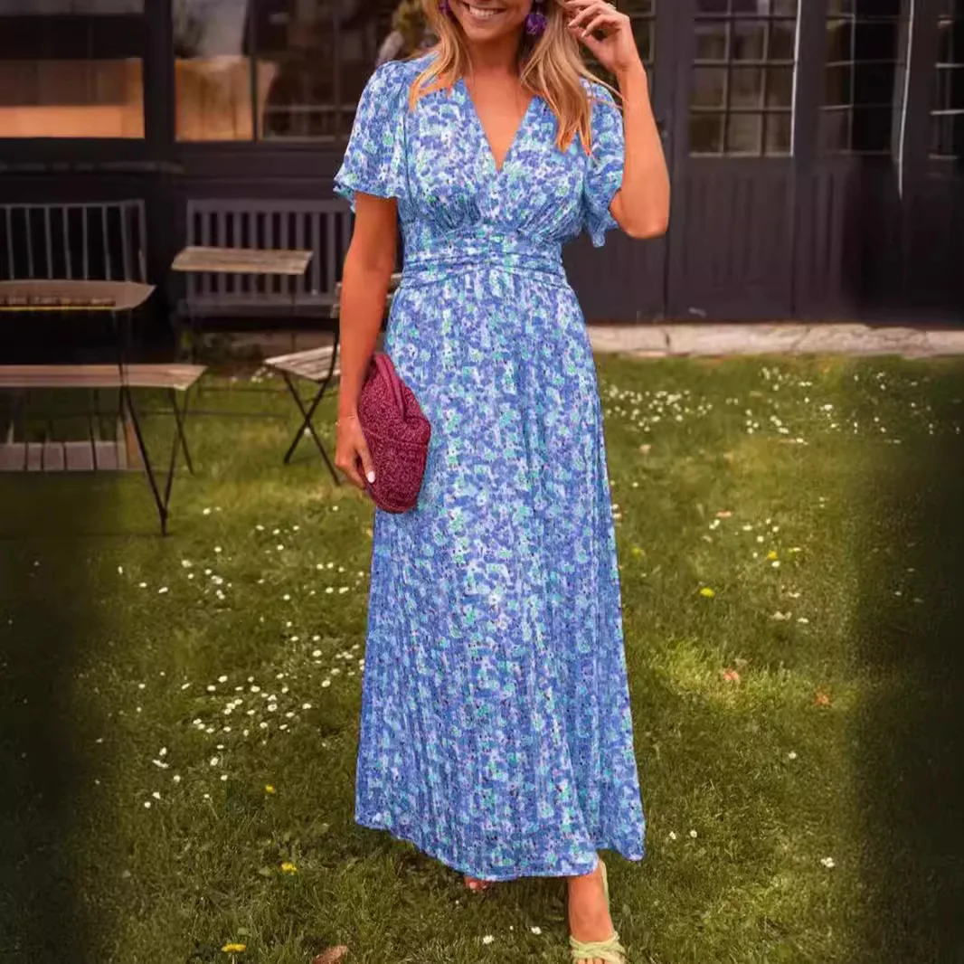 

Summer Floral Print Long Dress Women Fashion V-neck Short Sleeve A-line Dresses Boho Waist-closing Maxi Dress