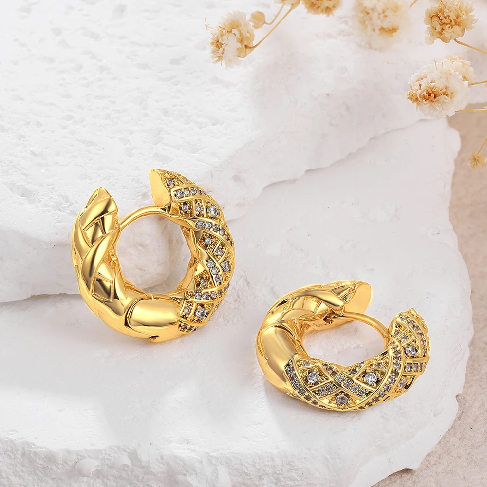 

Elegant Cubic Zirconia Braided Chunky Round Hoop Earrings Luxury Gold Color Thick Statement Jewelry for Women Party Gift