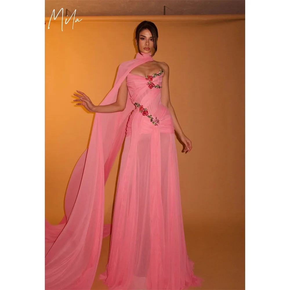 

Mila Pink Strapless Wedding Party Dresses Customized Sleeveless Shawl Chic Evening Dresses Chiffon Mermaid vestidos de fiesta