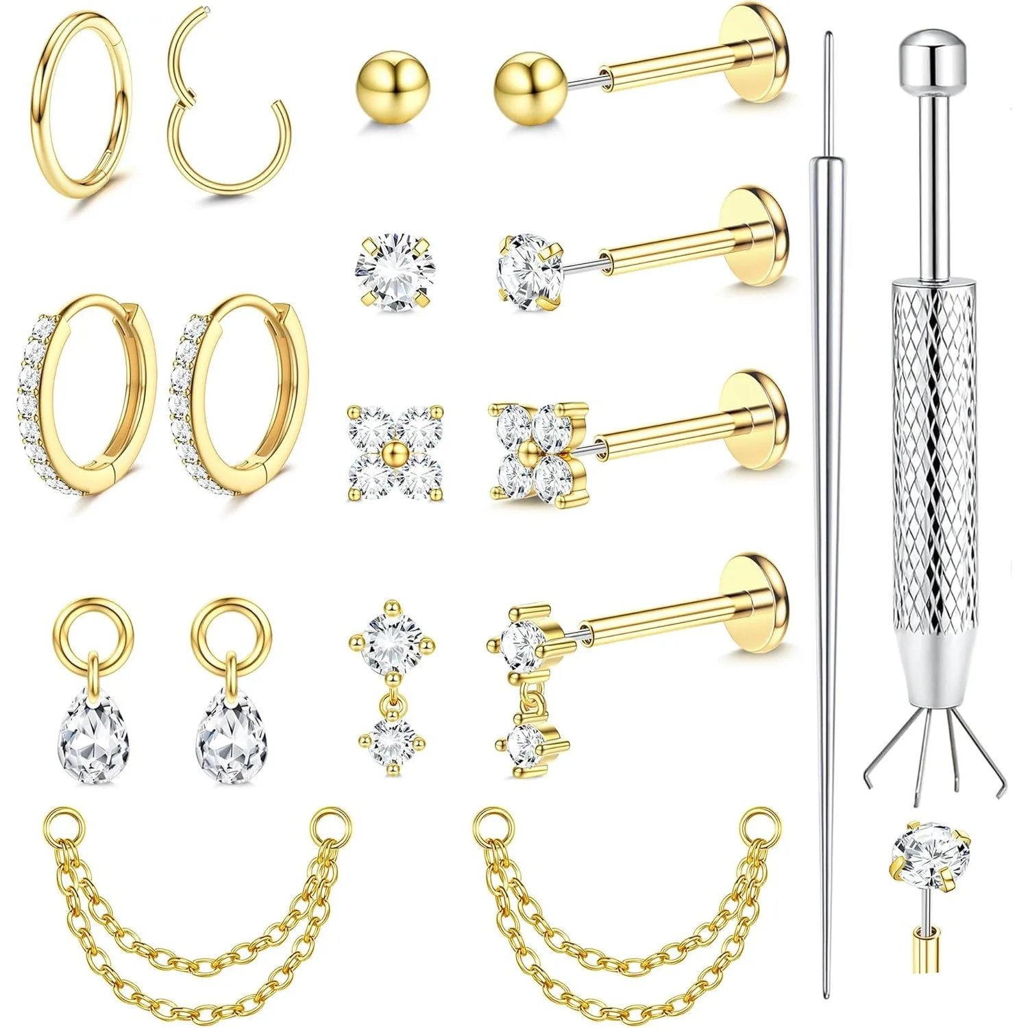 Drperfect 14K vergoldete flache Ohrstecker aus Chirurgenstahl, Nasenstecker, Knorpel-Creolen-Set, Helix-Lippenpiercing-Schmuck