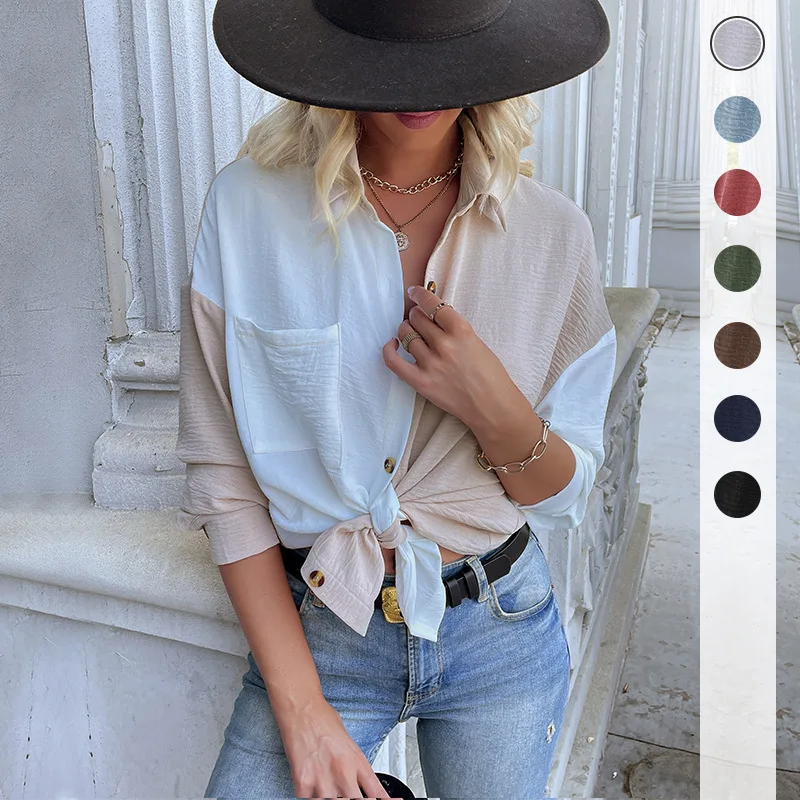 

Autumn Patchwork Shirt Tops Women Loose Chic Tops Casual Jacket Single-breasted Cardigan Contrasting Long-sleeved Shirt