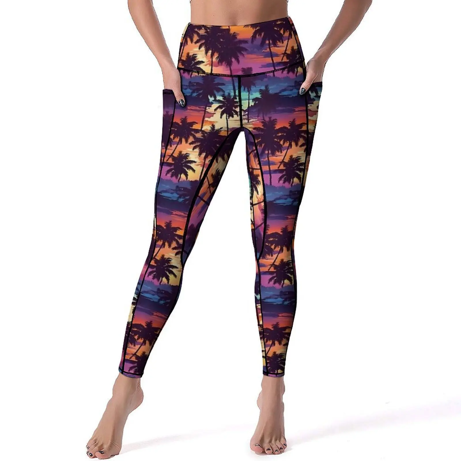 Leggings de yoga taille haute pour femmes, pantalons de fitness sexy, collants de sport, design rétro, palmiers hawaïens