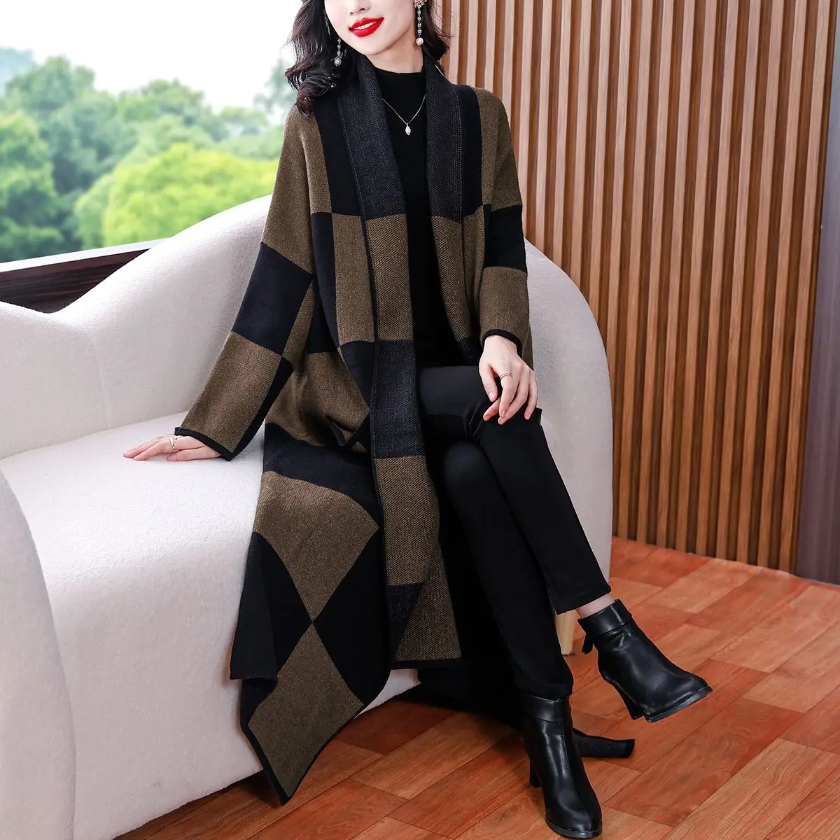 

SuperAen оверсайз женские 2026 осень и зима новые ретро клетчатые свободные длинные плащи в корейском стиле