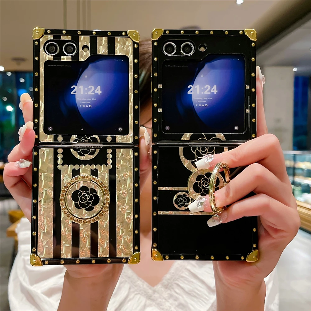 Luxury Glitter Cover For Samsung Galaxy Z Flip 6 Flip 4 Gold Stripe Rose Flower Phone Case For Samsung Galaxy Z Flip 3 Flip 5