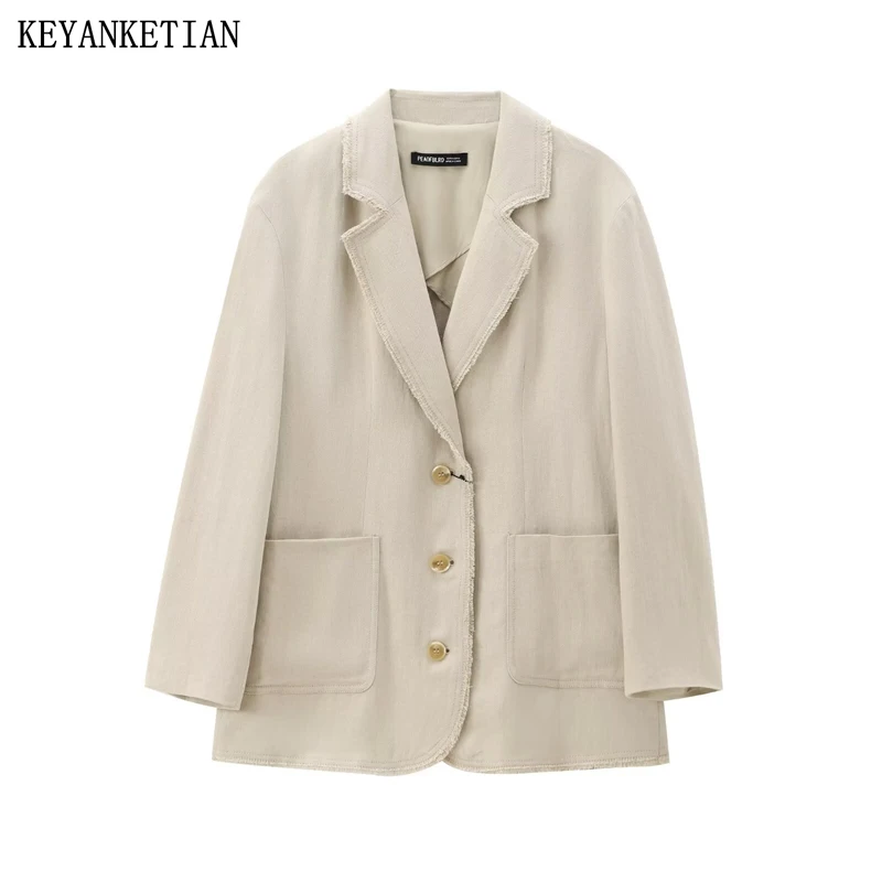 

KEYANKETIAN 2024 New Women's Apricot Blend Tassel Suit Autumn Retro style Double Pockets Single Breasted Loose Straight Coat