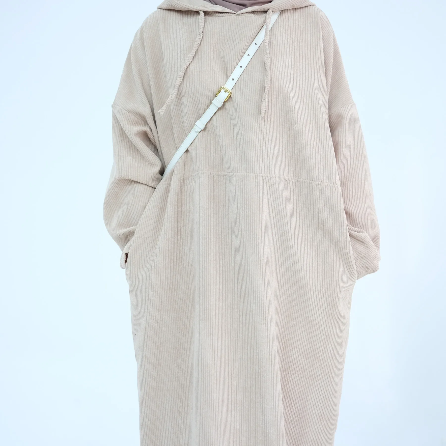 Winter Corduroy Abaya with Hat Plain Loose Muslim Dress Women Turkish Abayas Dubai Luxury Robe Ramadan Autumn Islamic Clothing