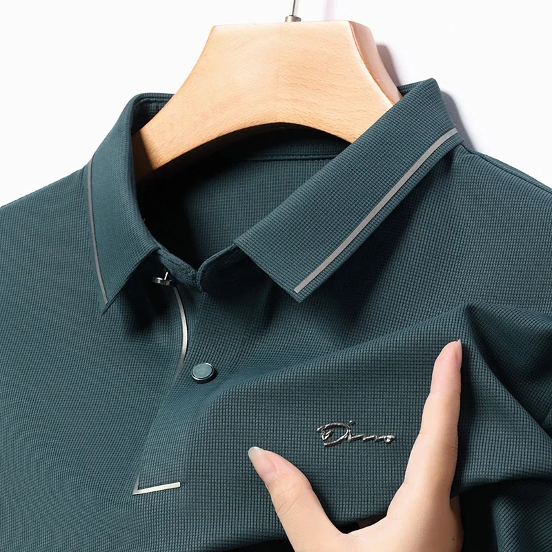 2025 Korean Fashion Ice Silk Long Sleeved POLO Lining Luxurious Exquisite Print Autumn Business Casual Men's Top T-shirt