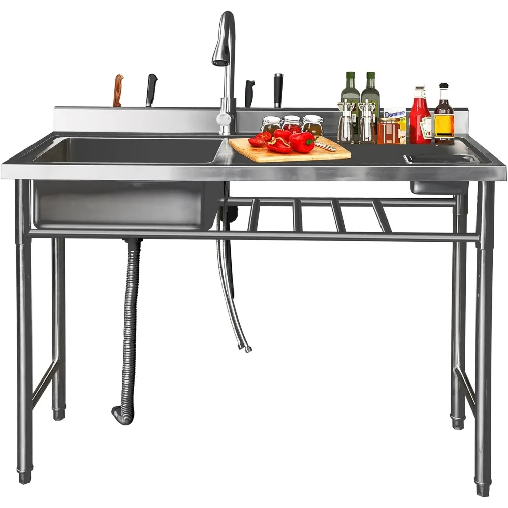

Stainless Steel Freestanding Utility Sink with Pull-Down Sprayer and Drain Pipe for Outdoor Kitchens, 47.2 x 19 Inches