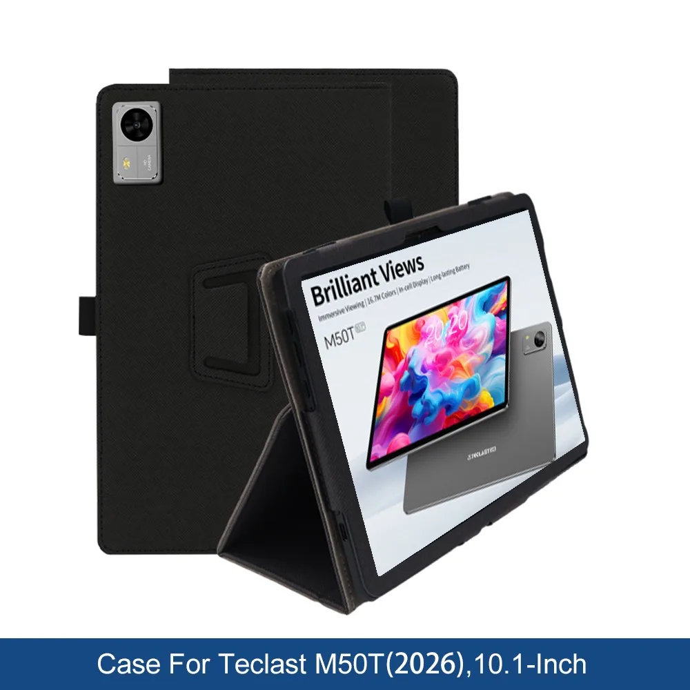 Étui pour Teclast M50T(2026) 10.1 pouces, étui ultra fin en cuir PU avec support pliable, porte-crayon, sangle de poignet, protection complète