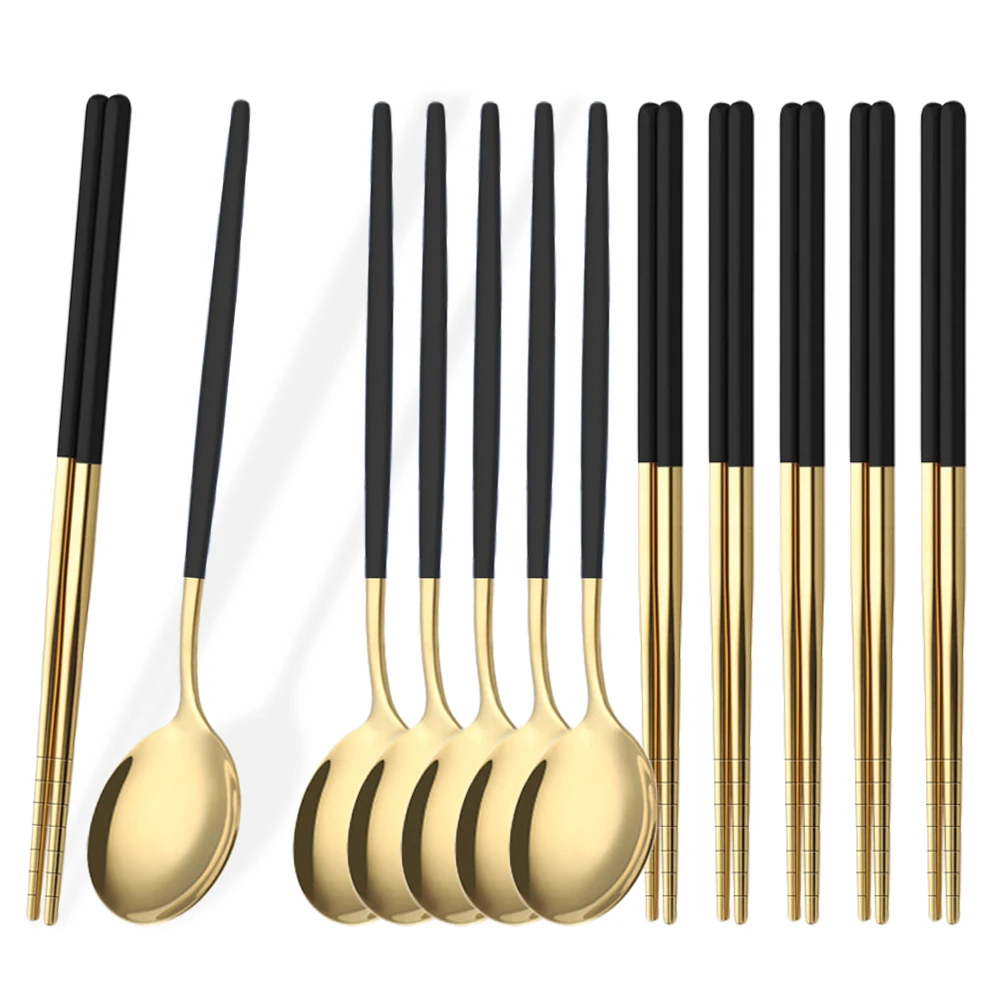 12Pcs Haushalt Schwarz Gold Besteck Set Besteck Stäbchen Löffel Edelstahl Geschirr Set Luxus Koreanische Geschirr Set