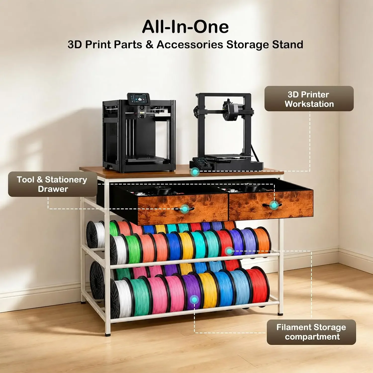 USA Stock 3D Printer Stand with Filaments Storage, Sturdy 39.4