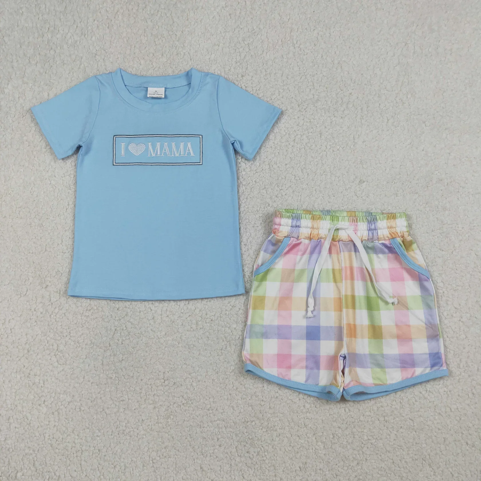 Wholesale Toddler Short Sleeves Embroidery Mama Shirt Shorts Knee Length Dress Sibling Kids Wear Children Boy Girl Plaid Clothes