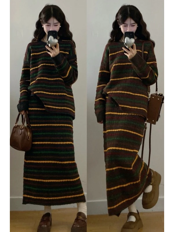 

Large Size Women's Knitted Stripe Sweater And Skirt Set Vintage Preppy Style Long Sleeve round Neck Commute Fashion Autumn Wear