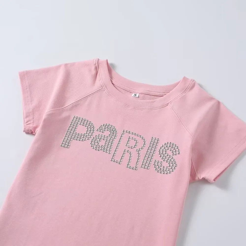 Elegant Chic Studded T-shirts for Women Fashion Slim Fit Text Tees with Studs Summer New in Round Neck and Short Sleeve T-shirts