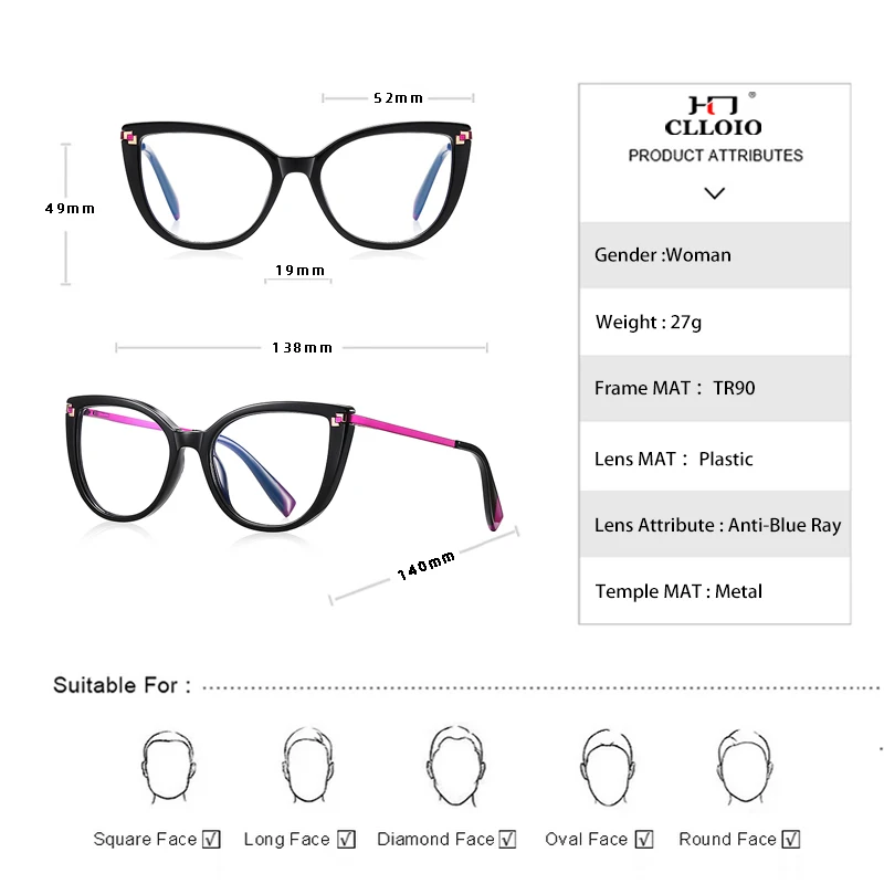 CLLOIO Women Cat Eye Reading Glasses New Design Anti Blue Light Myopia Glasses Hyperopia Prescription Optical Glasses Frame 2128