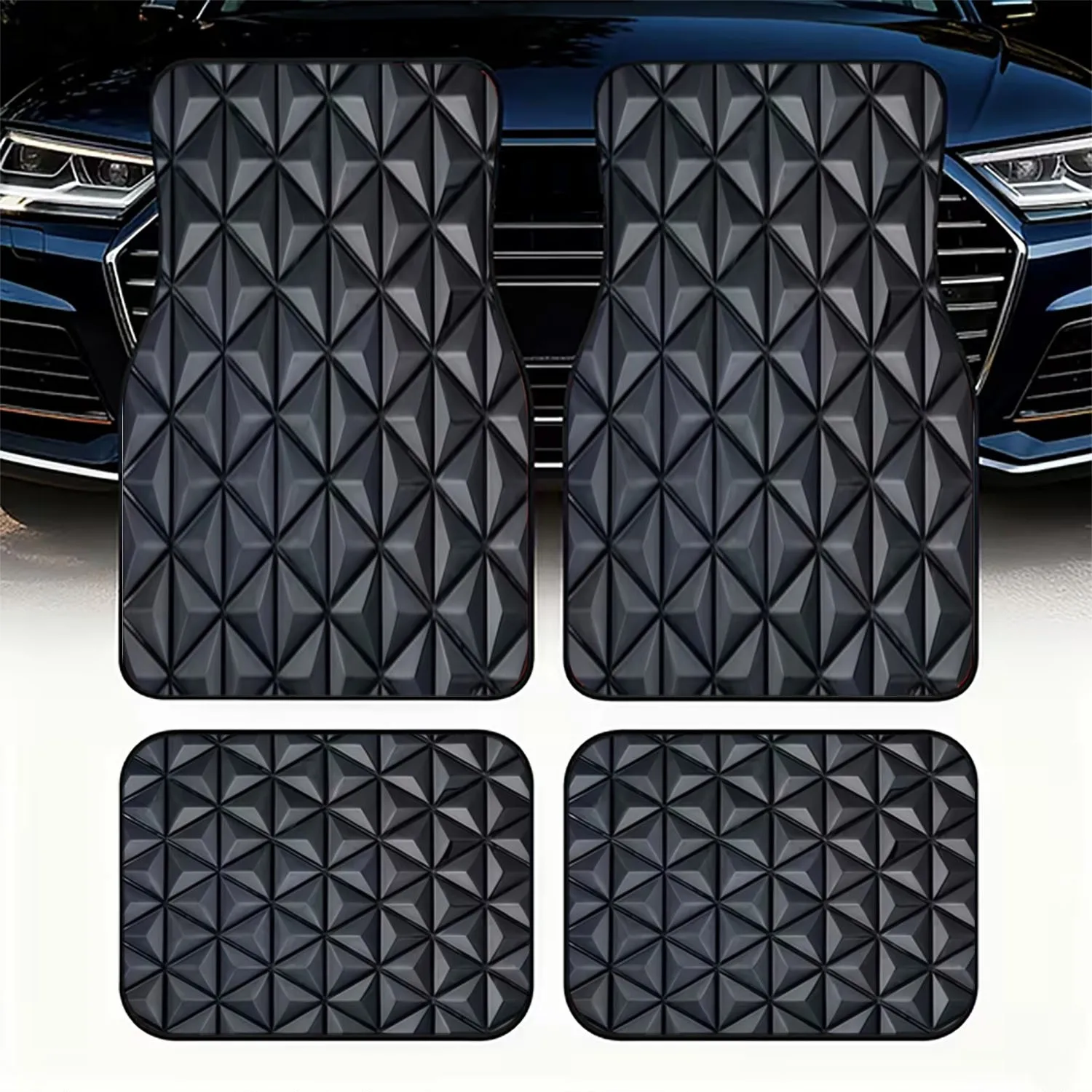 4pcs Car Floor Mats | Polyester Material, Modern Geometric Pattern With Black Triangular 3D Texture, Universal Fit For Car Inter
