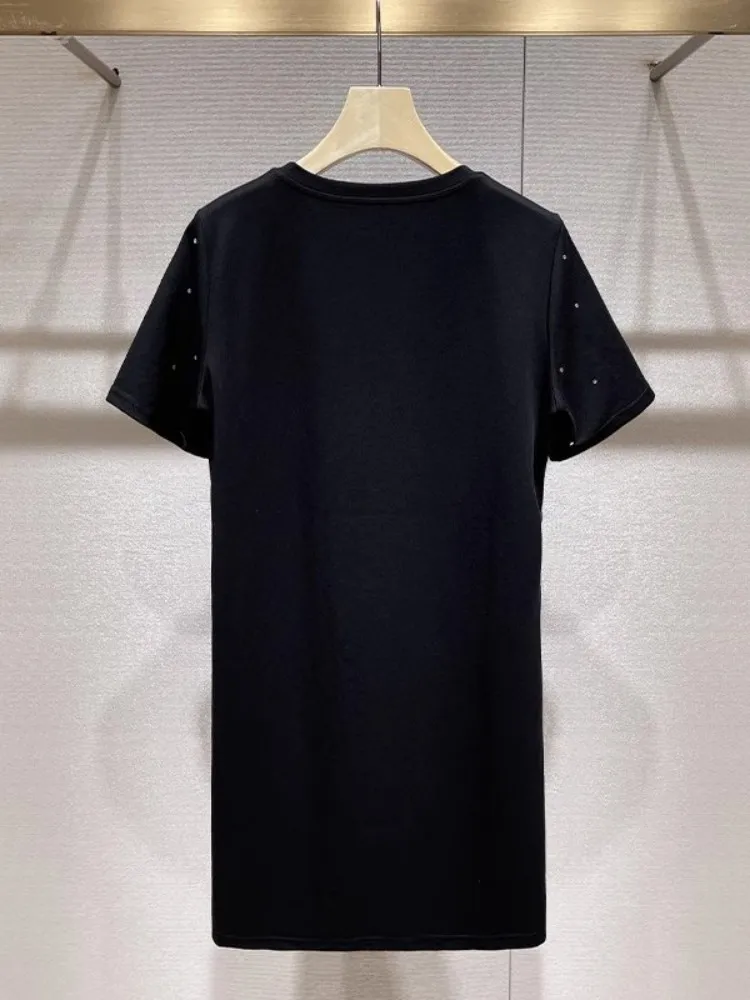 Vestido informal de verano para mujer, vestidos de camiseta de manga corta con flores de Color sólido y diamantes, jersey con cuello redondo, vestidos cortos de línea A