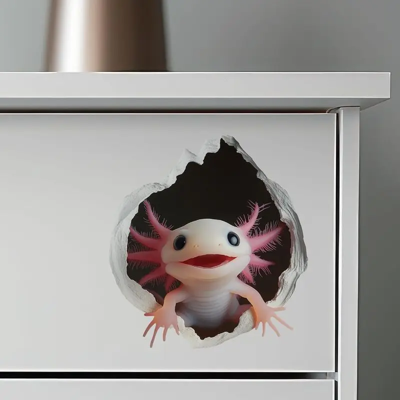 VIKAMA 3D Axolotl Salamander Wall Sticker Breaking Hole Effect, Self-Adhesive Peel and Stick Decal, Cute Kids Room Decor