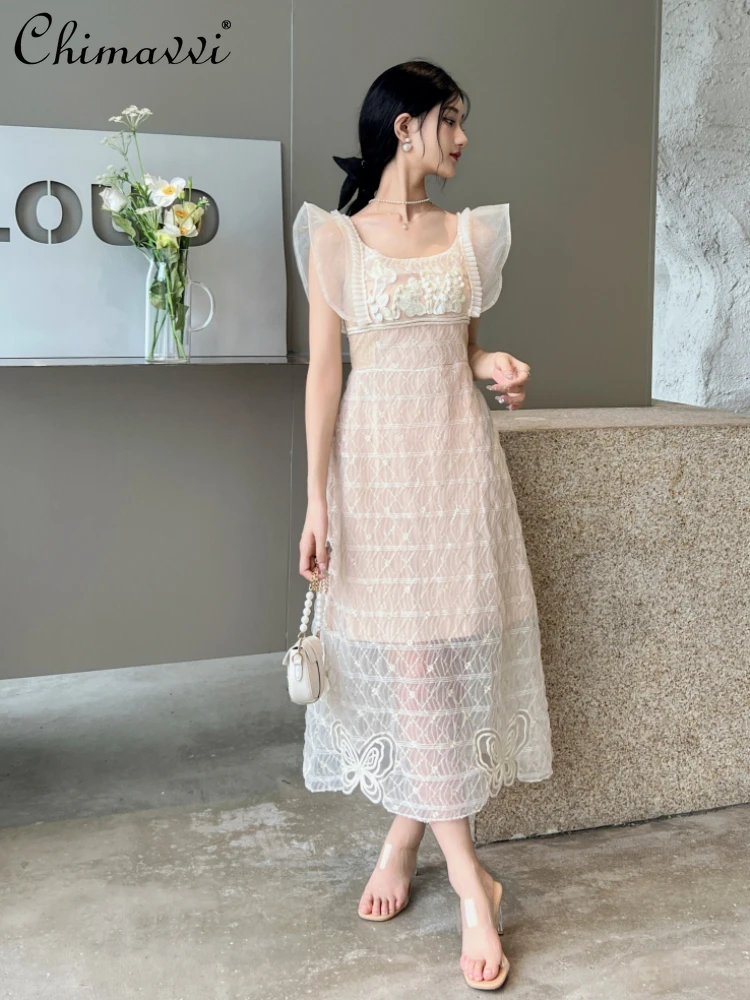 

French Elegant Ladies Embroidery Stitching A-line Dress Spring Summer Fashion Square Collar Flying Sleeves High Waist Slim Dress