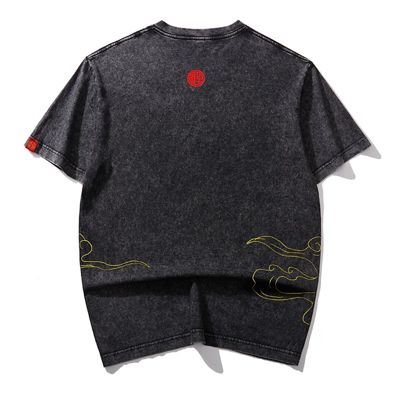 Men‘s Chinese Style Crane Embroidery T-Shirt, Washed Cotton Short Sleeve Tee, Summer Casual Loose Fit Streetwear Top