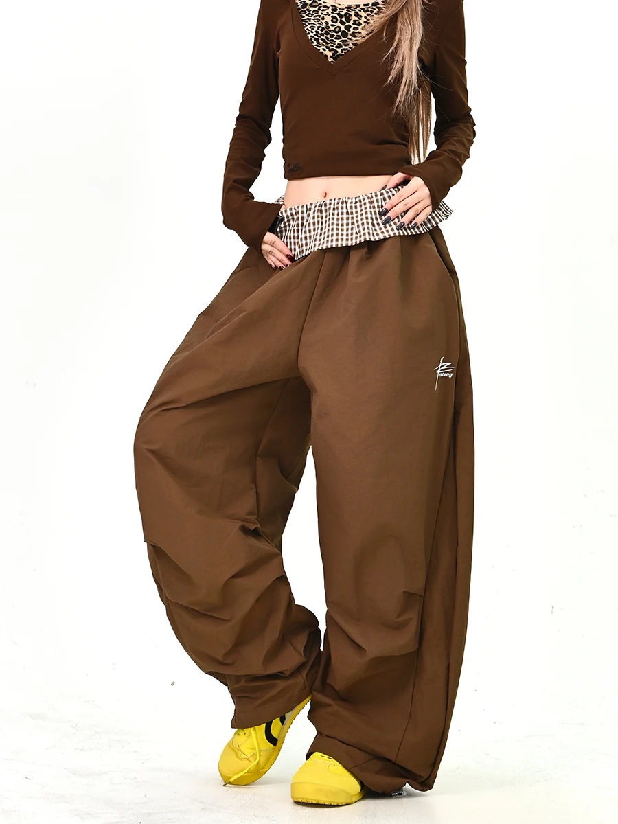 

Повседневные женские брюки в клетку с лоскутным узором, свободного кроя, весна 2026, новые американские ретро-брюки с широкими штанинами, уличный стиль