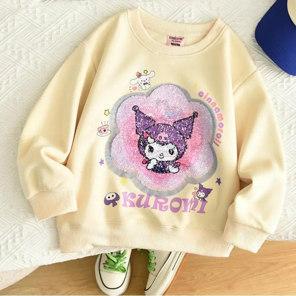 Kawaii New Sanrio Autumn Children Long Sleeve Kuromi Sequin Change Face Cinnamoroll Casual Sweatshirt Cartoon Kids Sweatshirt