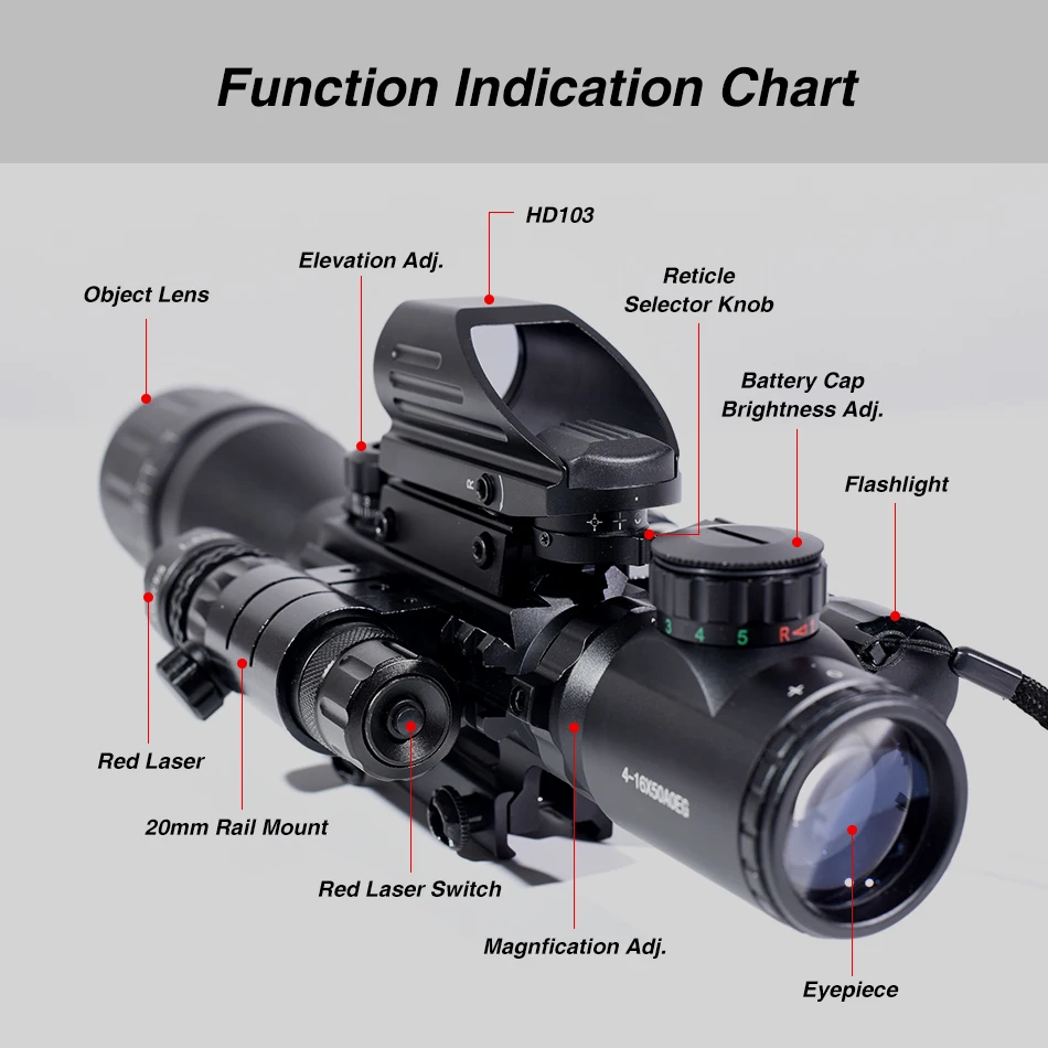 4-16X50AOEG， Equipped with HD103 Red Dot Aiming and Red 4-point Aiming Tactical Reflex Adjustable Zero Viewfinder, Suitable for Hunting equipment Combinations