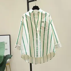 Korean Striped Loose Shirt Spring Autumn New Commute Single-breasted Female Clothing Polo-Neck Fashion Letter Embroidery Blouse