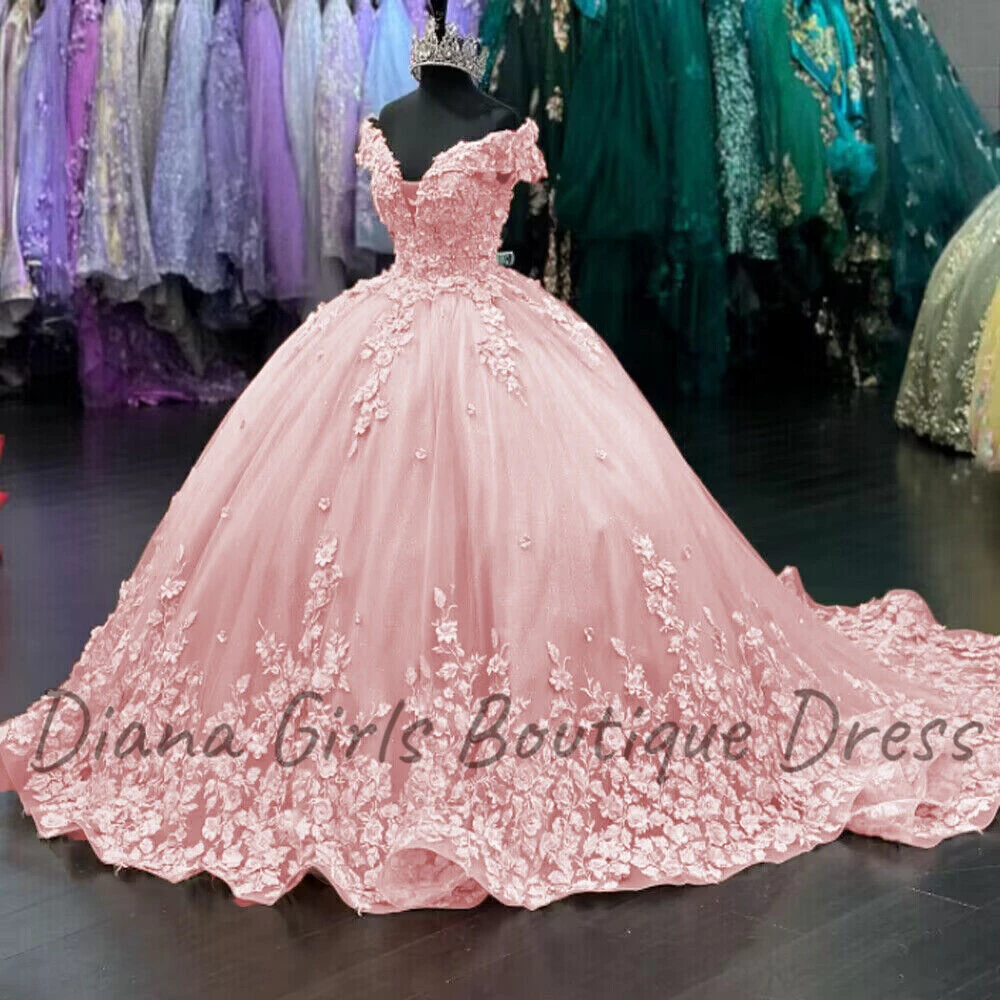 Luxury 3D Flowers Quinceanera Dresses Wedding Dress Off Shoulder Sweet 16 Prom Party Ball Gown A Variety Of Colors Are Available