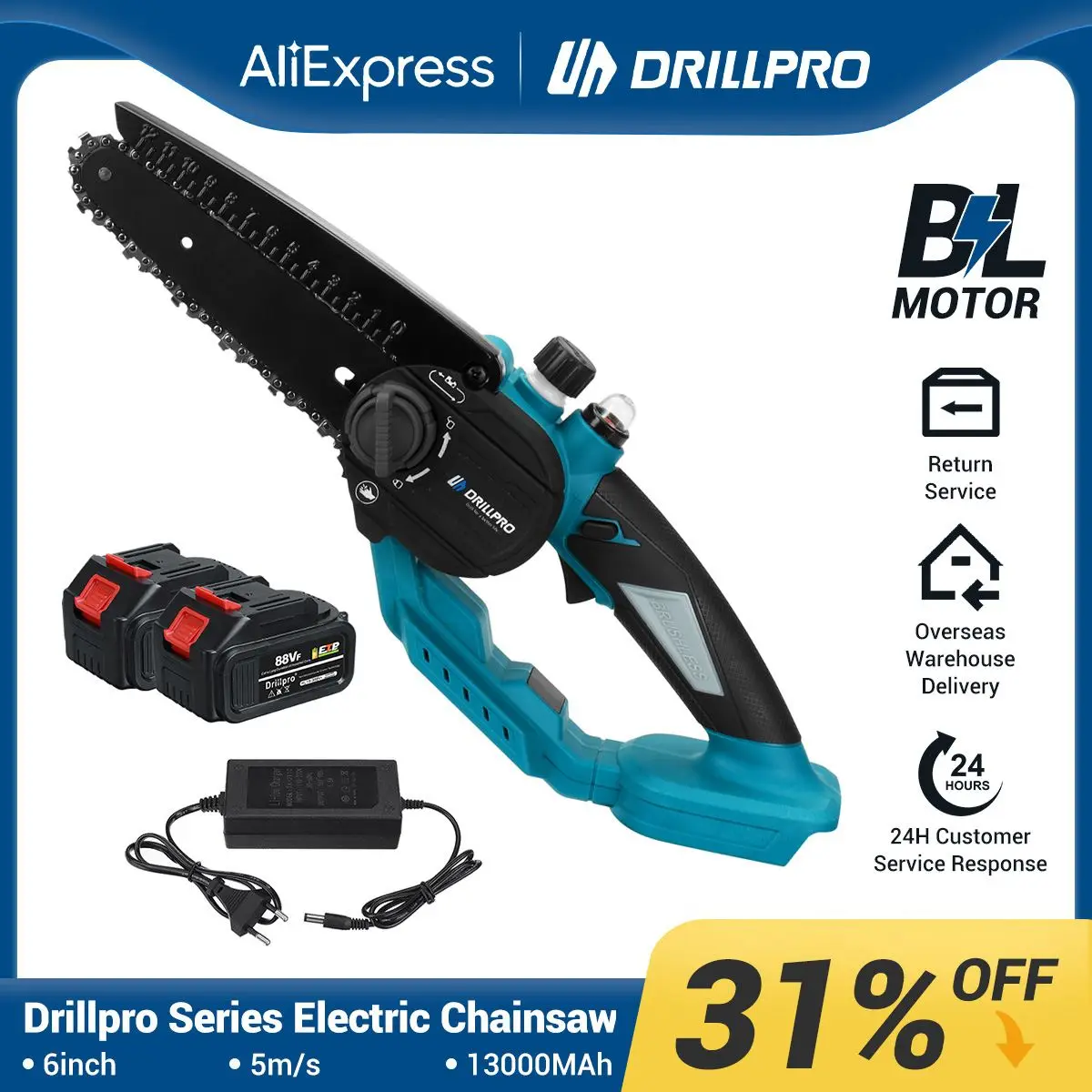 Drillpro-motosserra Elétrica com Tanque de Óleo Polegada 2000r Min sem Escova Velocidade Variável Ferramenta para Madeira para Bateria Makita 18v