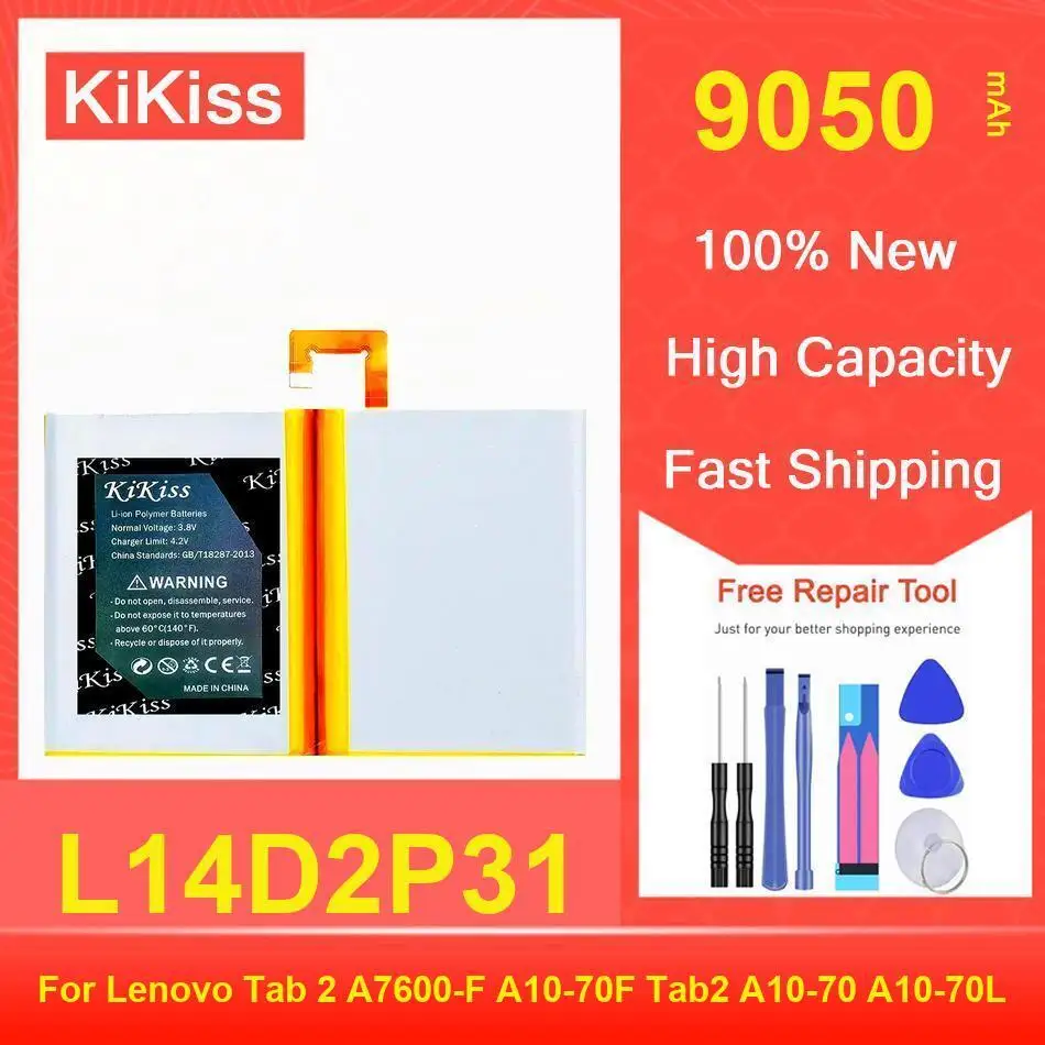 

Kikiss Battery 9050Mah L14D2P31 For Lenovo Tab 2 A7600-F A10-70F Tab2 A10-70 A10-70L