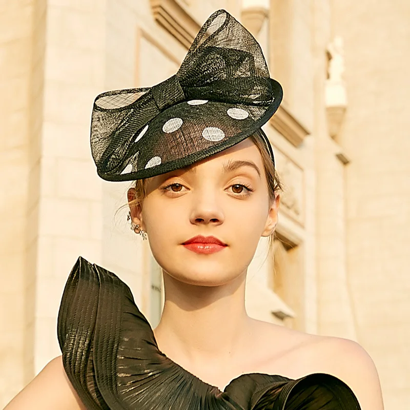 Wedding Kentucky Derby Hats For Women British Luxury Black Headdress Bowknot Lady Sinamay Fascinators Elegant Church Cap Female