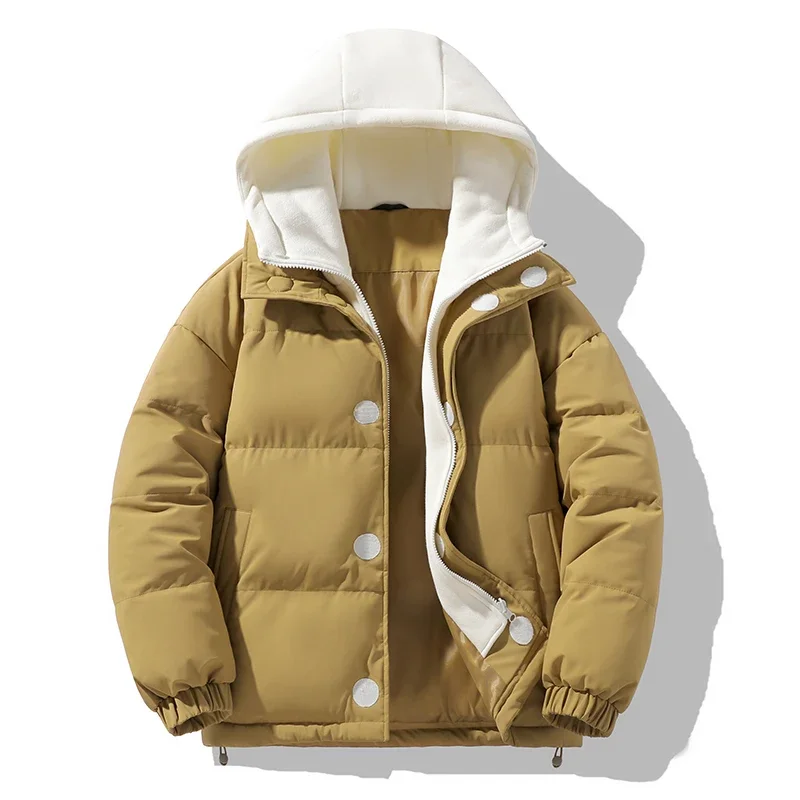 

Man Autumn Winter Unisex Outdoor Cotton Jacket with Hood Thickened Windproof Warmth Added Male Model Casual Style Winter