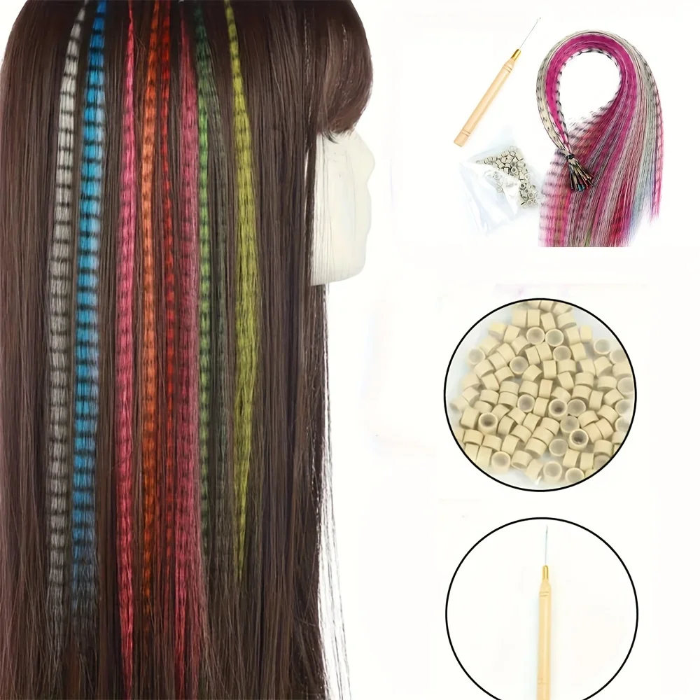 Peruca de cabelo longa e reta sintética, Cor Pena Crochet Hair Extension, 100 Anéis de Silicone, 1 Acessório Crochet Gancho, 30Pcs