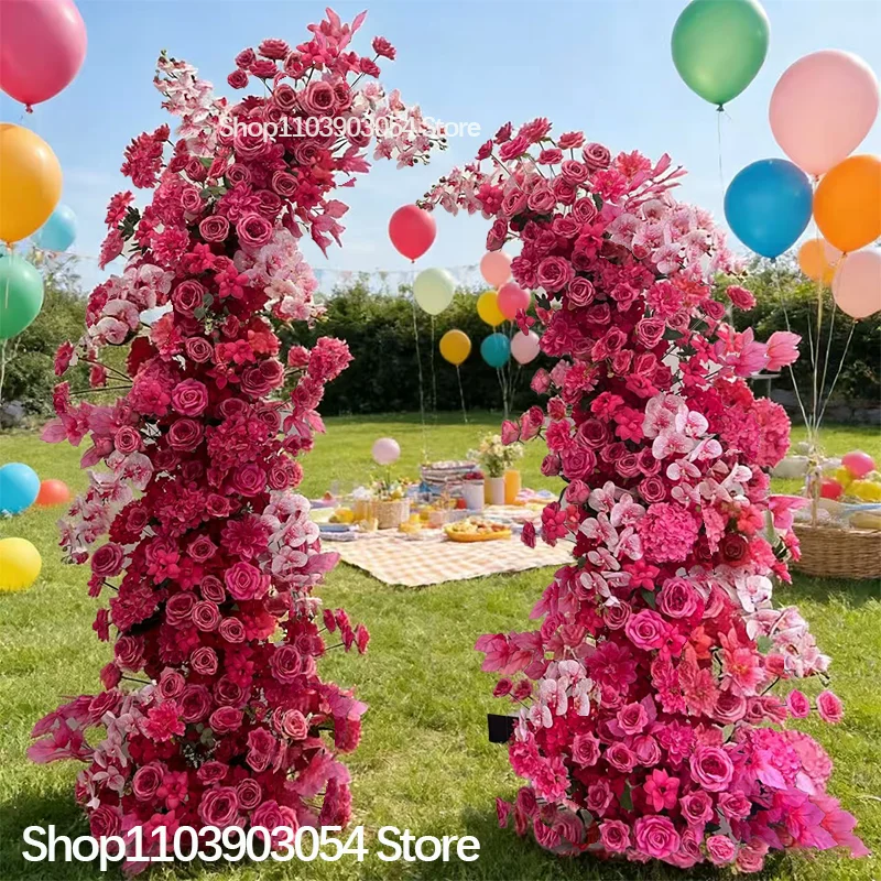 5D Pinkfarbene Rosen-Hortensien-Blumenarrangement für den Gang, Hochzeits-Hintergrund, Ochsenhorn-Bogen-Dekoration, Hängende Blumenreihe, Bankett-Fensterdekoration – Detail 1