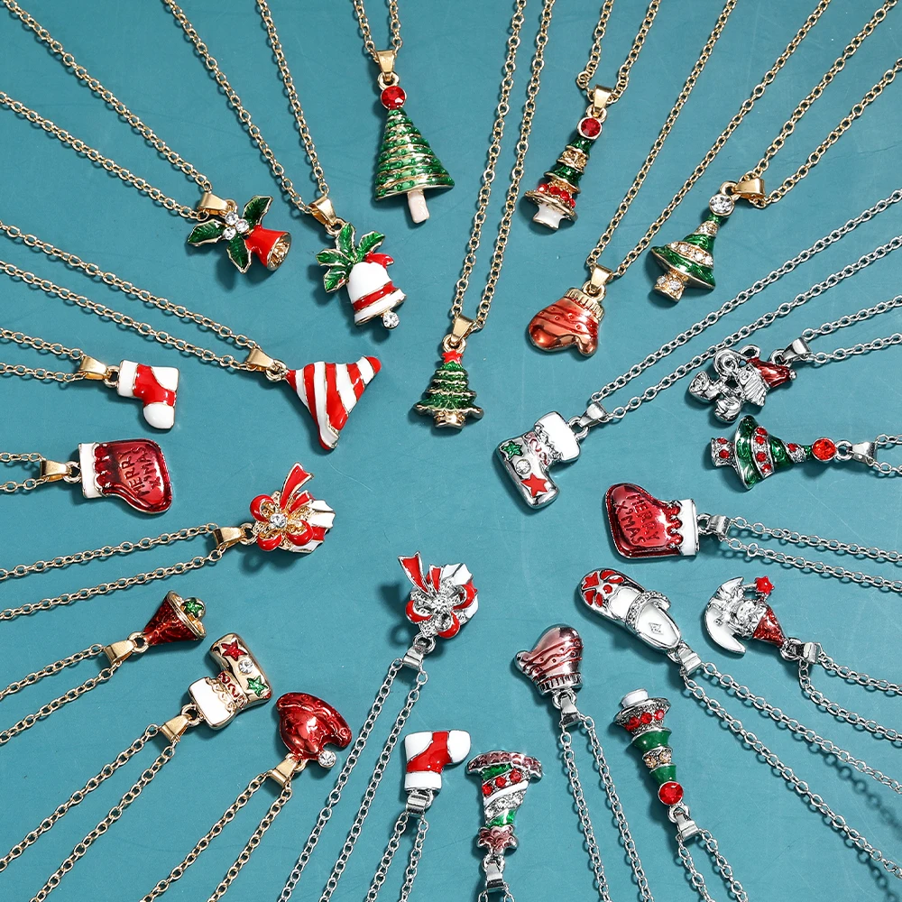 25 Styles Cute Mini Christmas Theme Pendant Necklace Women Girls Candy Canes Sleigh Wreath Reindeer Socking Pendant Choker