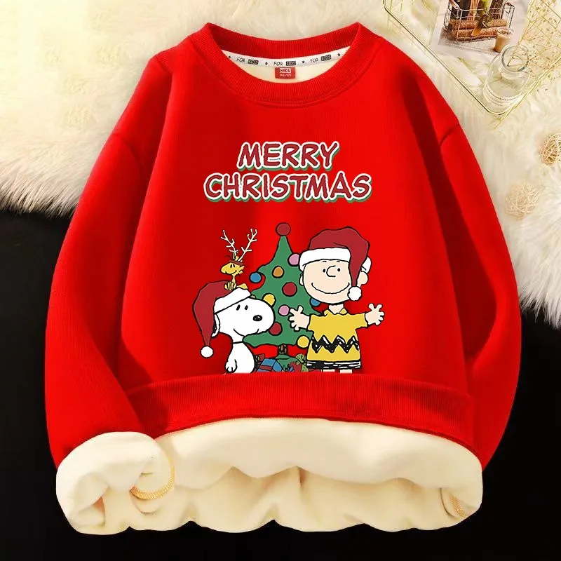 Snoopy Christmas Sweatshirts Peanuts Comic Long Sleeved Fleece Thicken Cute Tops Boy Girl New Year Xmas Clothing Child Clothes