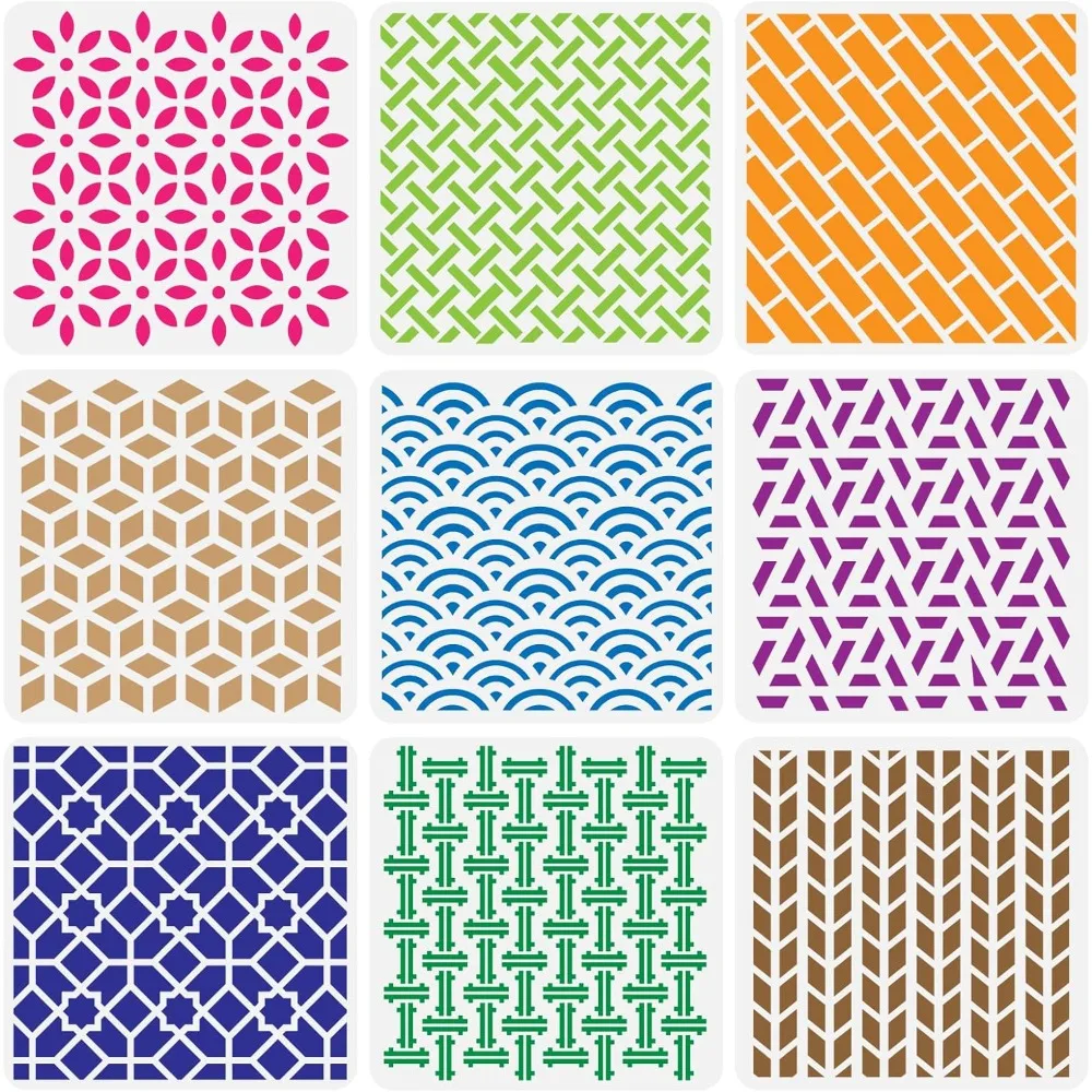 

9PCS Geometric Pattern Plastic Drawing Templates 12x12 Inches Square Diamond Sector Stencil for Scrabooking Card Making