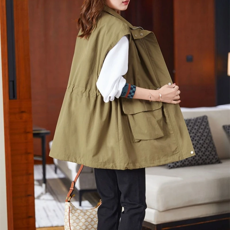 Casual Khaki Women's Vest Oversize Liner Sleeveless Jackets 2024 Spring Summer New Zipper Basic Waistcoat Female Outerwear