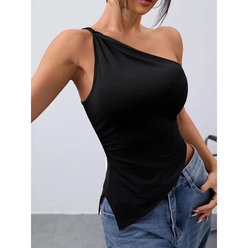 

Summer New Solid Color One-Shoulder Design Irregular Hem Slim-Shirt Top Women