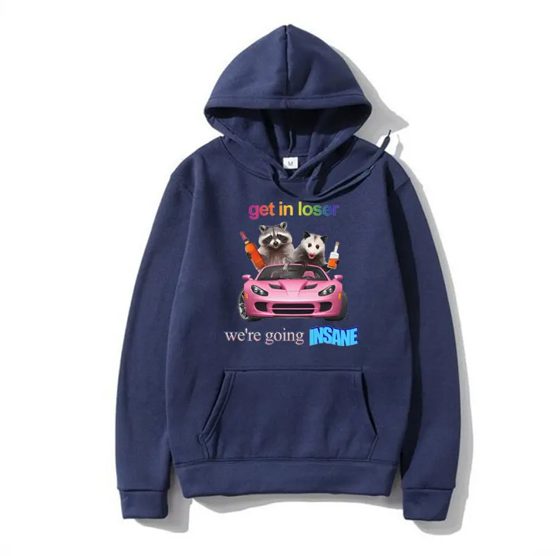 Get in Loser We Going Insane Raccoon Funny Meme Print Hoodies Men's Women's Fashion Oversized Sweatshirt Long Sleeve Pullover