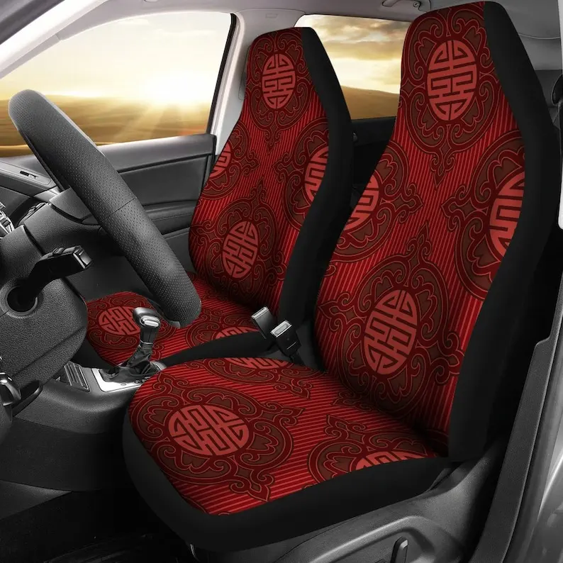 Red Oriental Asian Ethnic Car Seat Covers Pair, 2 Front Seat Covers, Car Seat Protector, Car Accessories