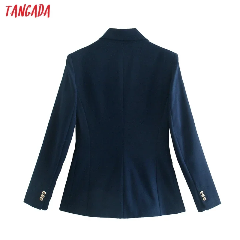 Tangada Women Navy Blazer Coat Vintage Notched Collar Pocket 2021 Autumn New Female Work Chic Tops 2W39