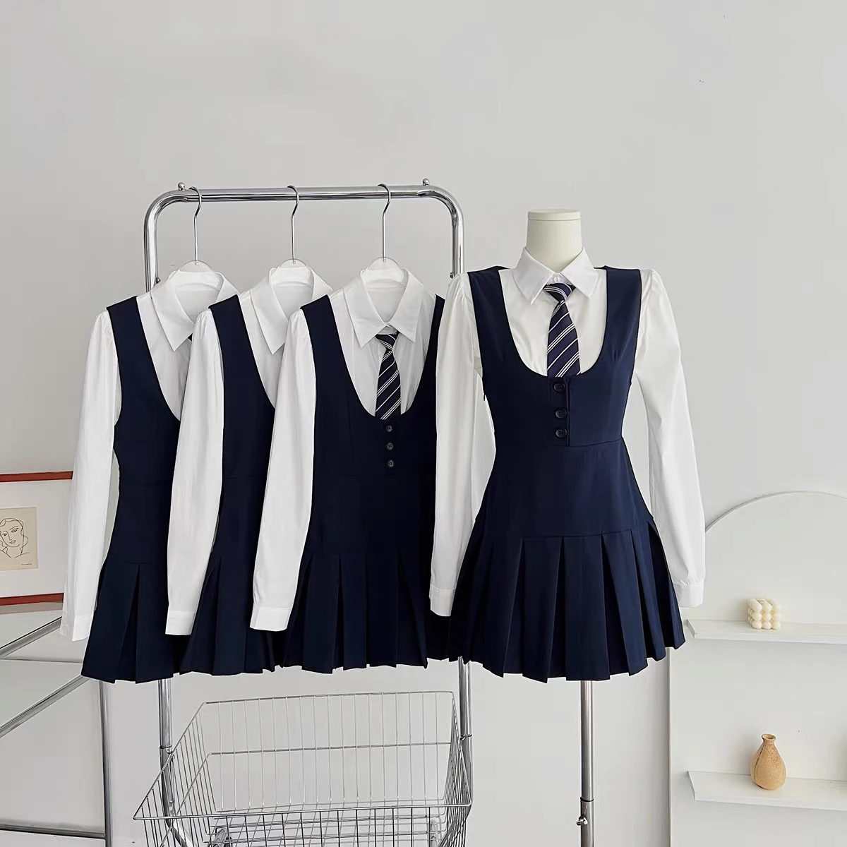 Traje de uniforme de manga larga para mujer, conjunto de 3 piezas azul marino, camiseta sin mangas, vestido plisado, cintura alta, ajustado, estilo Preppy, primavera y otoño