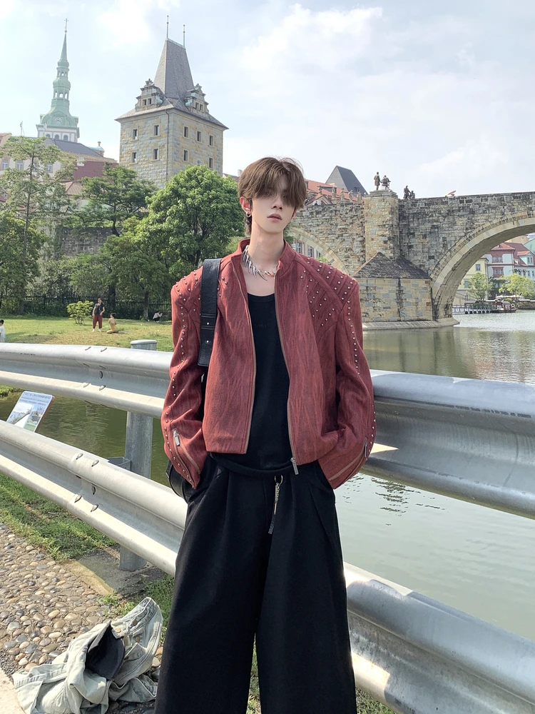 

Korean Design Heavy Metal Rivet Leather Jaet Men's Spring Autumn Loose Haome Stand Collar Jaet Youth Faion Cotton Po...