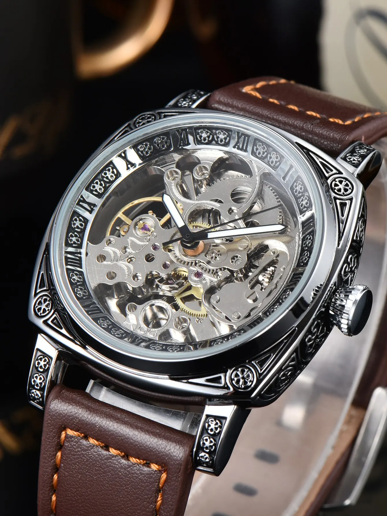 Men Automatic Watch Retro Style Mechanical Watches Skeleton Carve Waterproof Leather No Logo Mens Watch Boyfriend's Gift