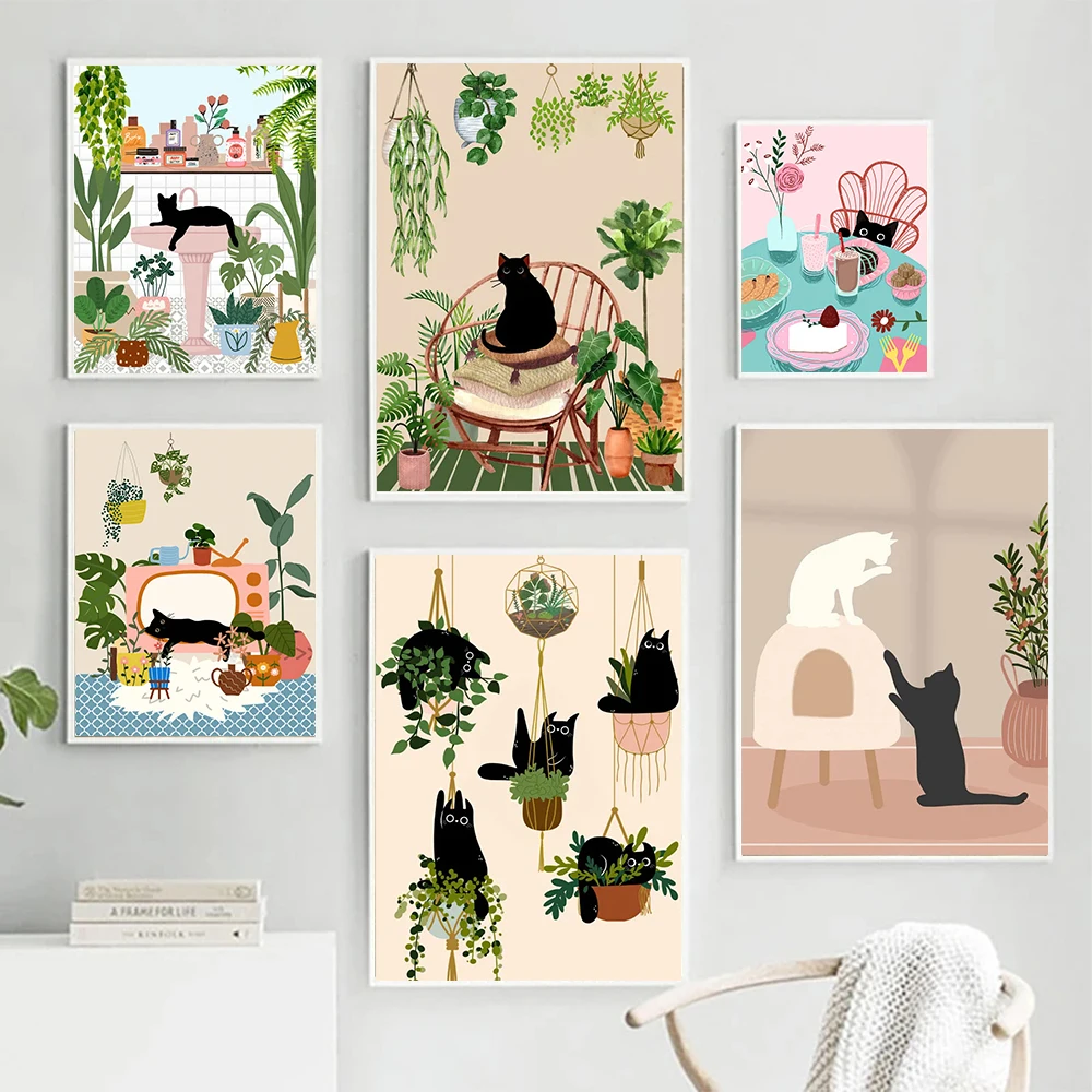 

Modern Abstract Green Plant Black Cat Wall Art Canvas Painting Nordic Poster And Prints Wall Pictures For Living Room Home Decor