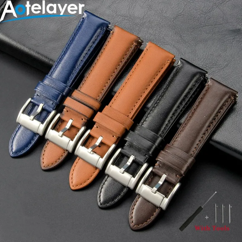 

22 24mm Quick Release Leather Watch Band Universal Bracelet Waterproof Watch Strap Silver Buckle Accessories with Tool