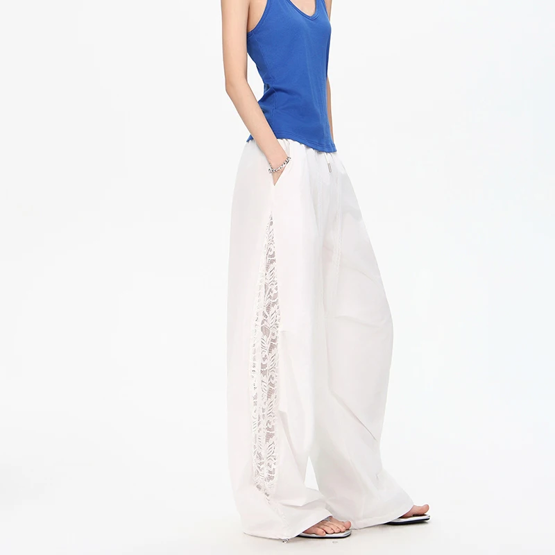 Spring Summer Thin Lace Work Pants Women's High Waist TrousersCasua Sexy See Through With Side Pockets Streetwear Daily Outfit